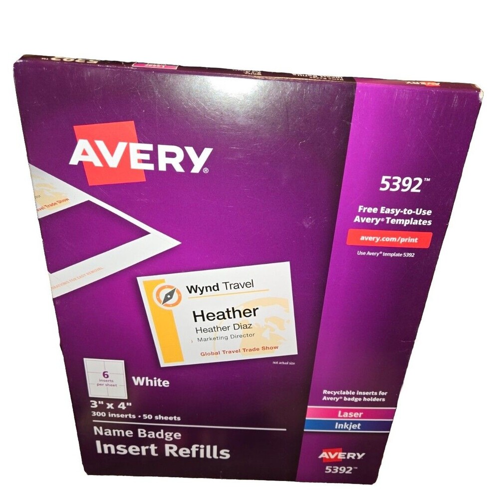 Avery 5392 Laser Inkjet Printable Name Badge Insert Refills 300 Inserts  3 x 4"